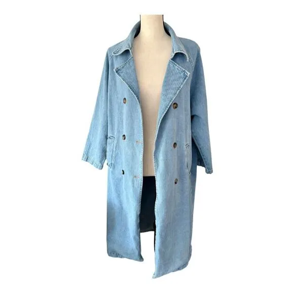 12th Tribe Womens Jean Denim Coat Jacket Double-Breasted Full Length Blue S