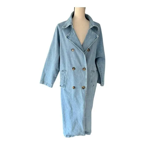 12th Tribe Womens Jean Denim Coat Jacket Double-Breasted Full Length Blue S
