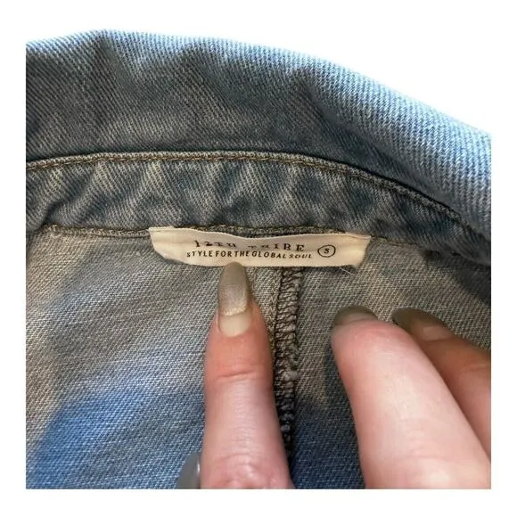 12th Tribe Womens Jean Denim Coat Jacket Double-Breasted Full Length Blue S