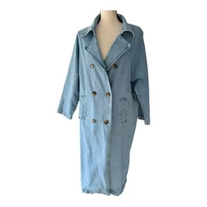 12th Tribe Womens Jean Denim Coat Jacket Double-Breasted Full Length Blue S
