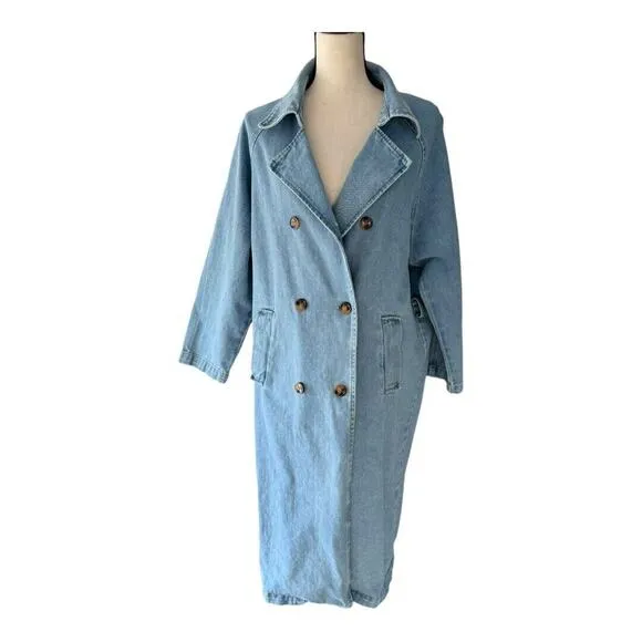 12th Tribe Womens Jean Denim Coat Jacket Double-Breasted Full Length Blue S