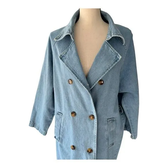 12th Tribe Womens Jean Denim Coat Jacket Double-Breasted Full Length Blue S