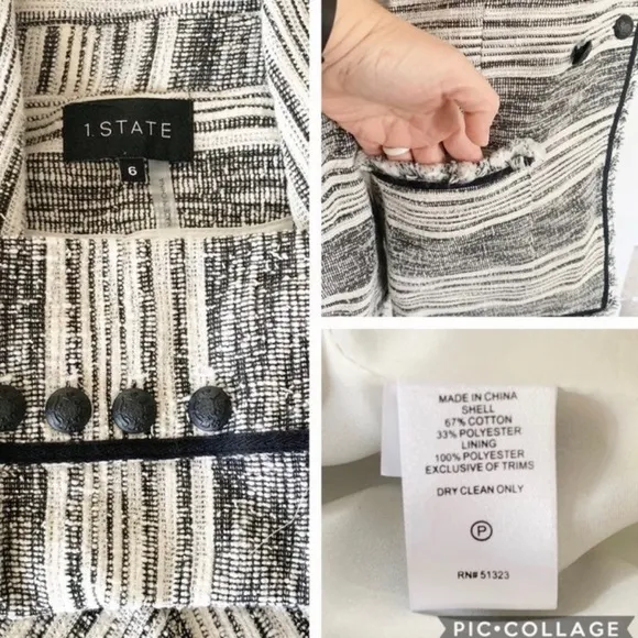 1.State NWT Double Breasted Fringe Tweed Jacket Blazer Black White Size 6