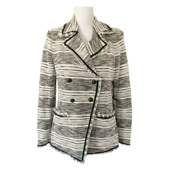 1.State NWT Double Breasted Fringe Tweed Jacket Blazer Black White Size 6
