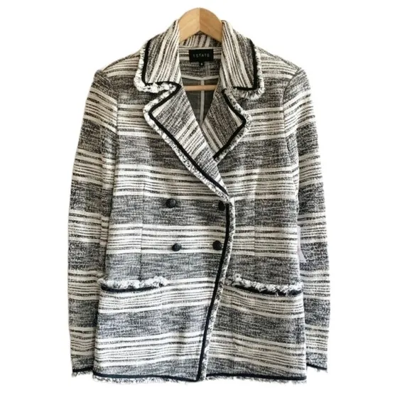 1.State NWT Double Breasted Fringe Tweed Jacket Blazer Black White Size 6
