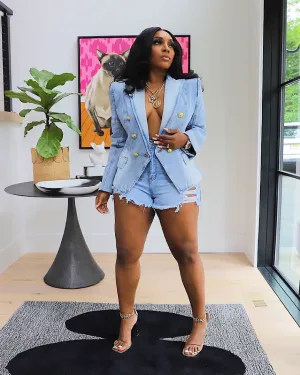2023European and American Stars New Slim Double-Breasted Lion Button Denim Suit Jacket