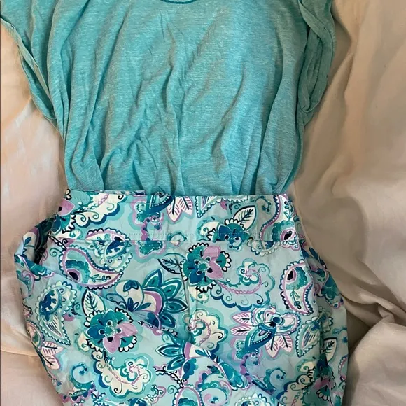 2PC Talbots Skirt &amp; Top Lilac Purple Blue Aqua Paisley Floral size 14W