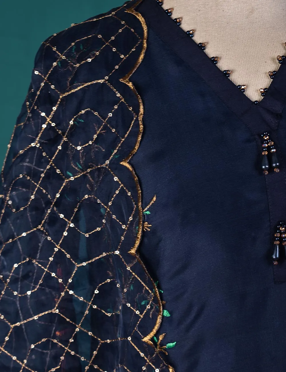 3 Pc Stitched Organza Suit with Organza Embroidered Dupatta and Malai Trouser - (RTW-19-NavyBlue)