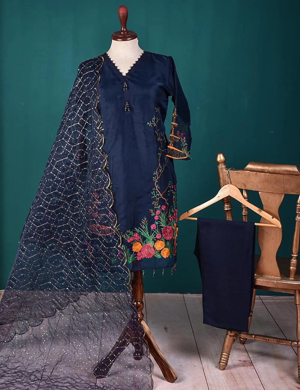 3 Pc Stitched Organza Suit with Organza Embroidered Dupatta and Malai Trouser - (RTW-19-NavyBlue)