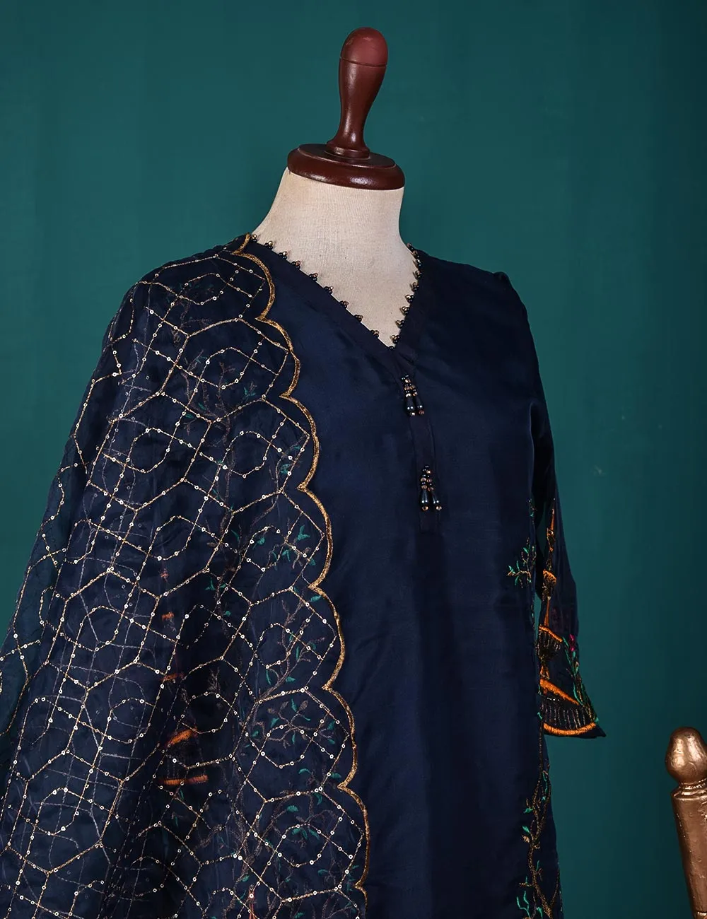 3 Pc Stitched Organza Suit with Organza Embroidered Dupatta and Malai Trouser - (RTW-19-NavyBlue)