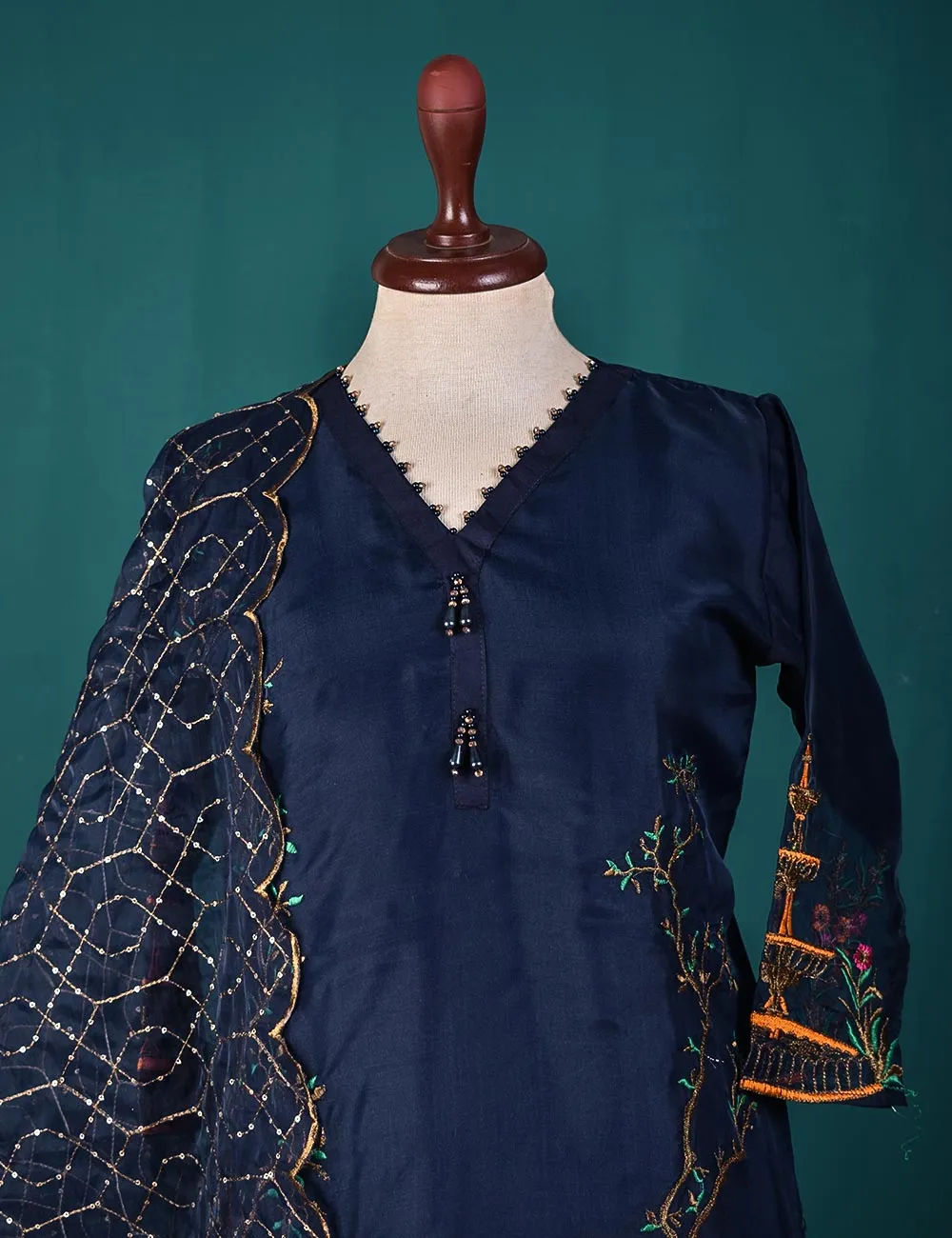3 Pc Stitched Organza Suit with Organza Embroidered Dupatta and Malai Trouser - (RTW-19-NavyBlue)