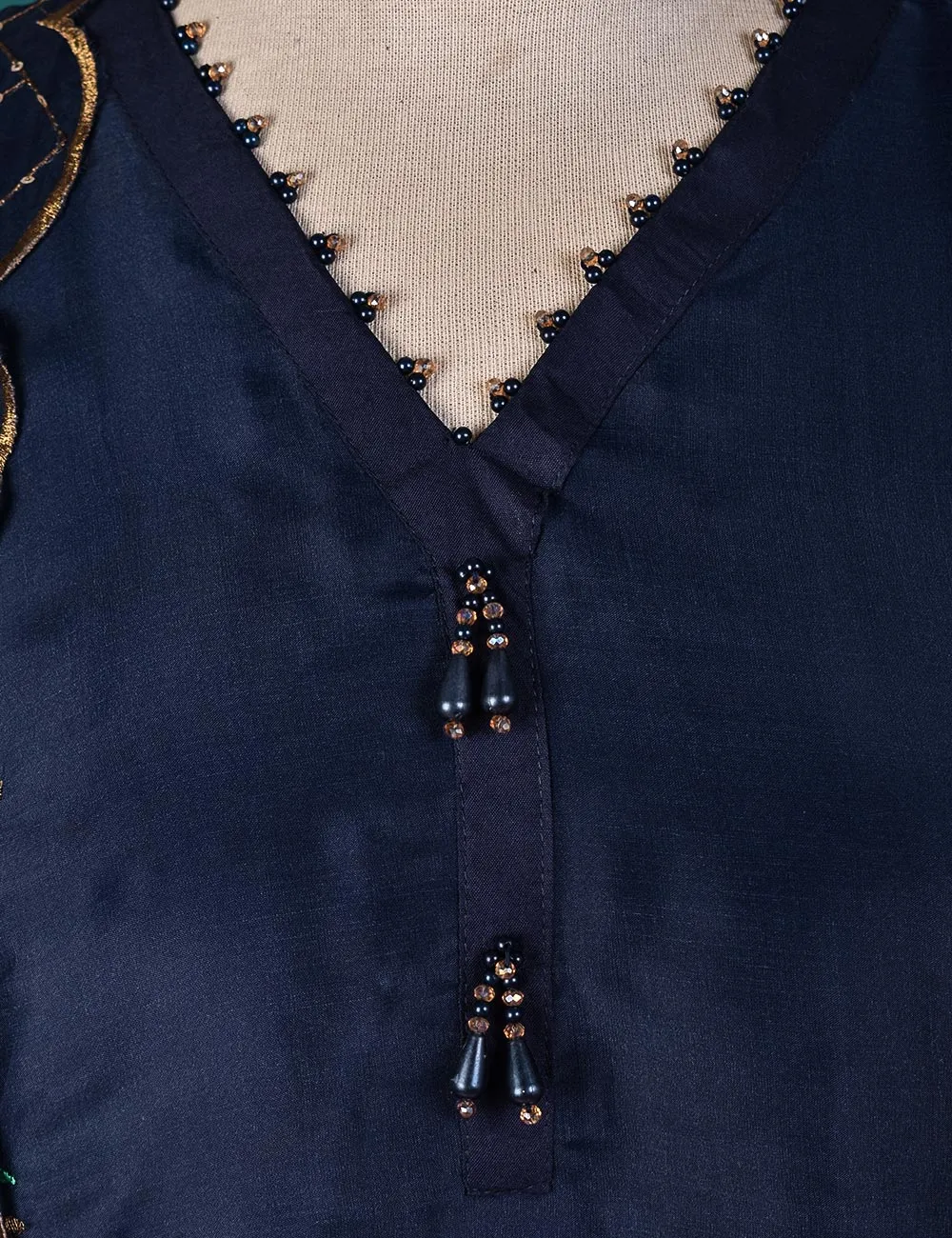 3 Pc Stitched Organza Suit with Organza Embroidered Dupatta and Malai Trouser - (RTW-19-NavyBlue)