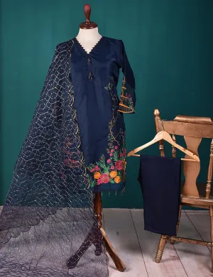 3 Pc Stitched Organza Suit with Organza Embroidered Dupatta and Malai Trouser - (RTW-19-NavyBlue)