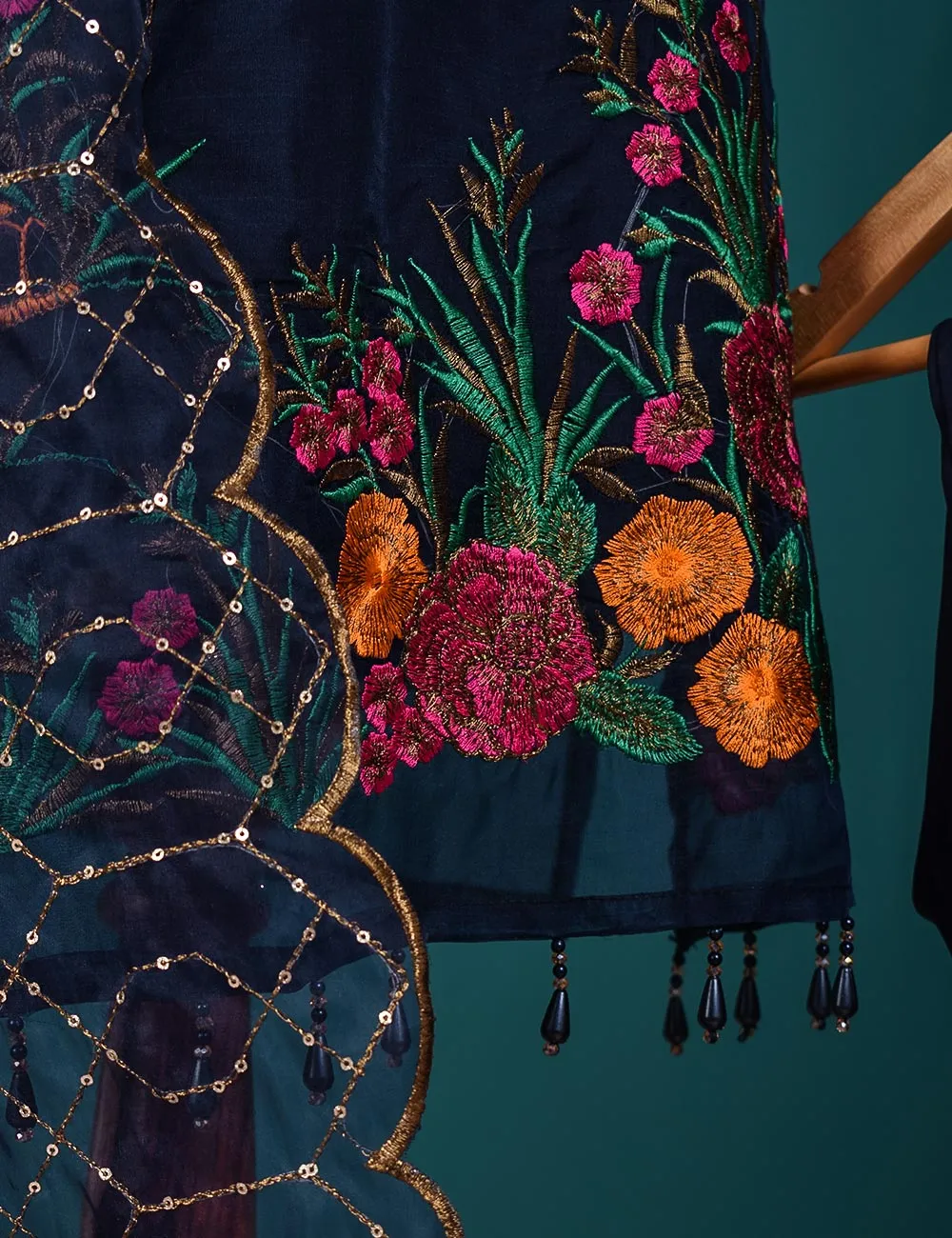 3 Pc Stitched Organza Suit with Organza Embroidered Dupatta and Malai Trouser - (RTW-19-NavyBlue)