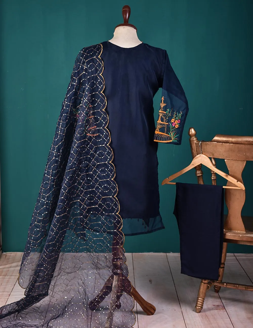 3 Pc Stitched Organza Suit with Organza Embroidered Dupatta and Malai Trouser - (RTW-19-NavyBlue)