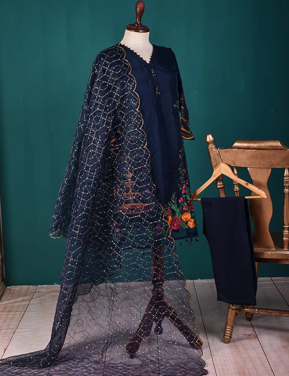 3 Pc Stitched Organza Suit with Organza Embroidered Dupatta and Malai Trouser - (RTW-19-NavyBlue)