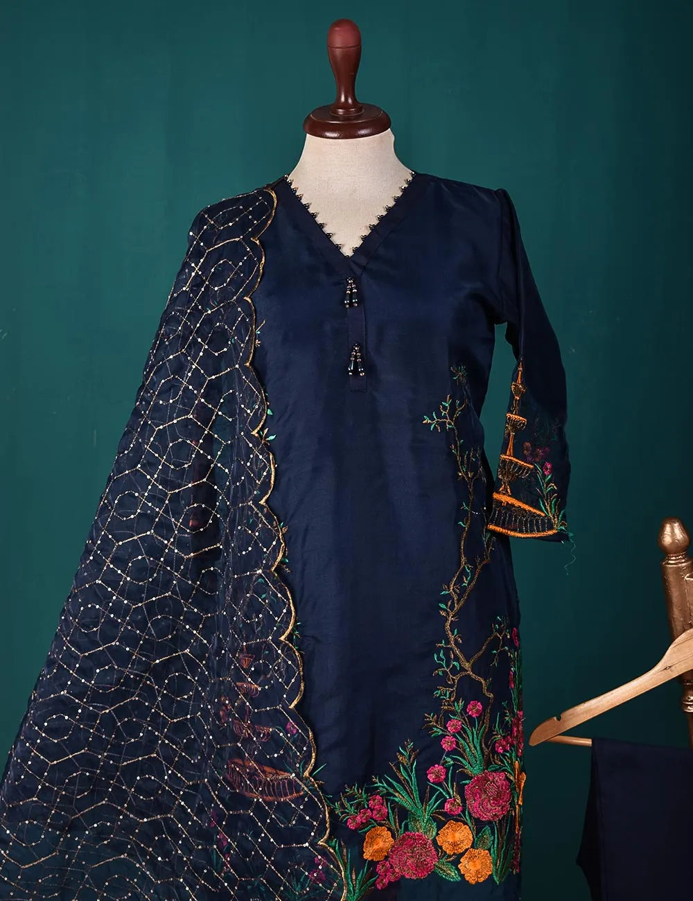 3 Pc Stitched Organza Suit with Organza Embroidered Dupatta and Malai Trouser - (RTW-19-NavyBlue)