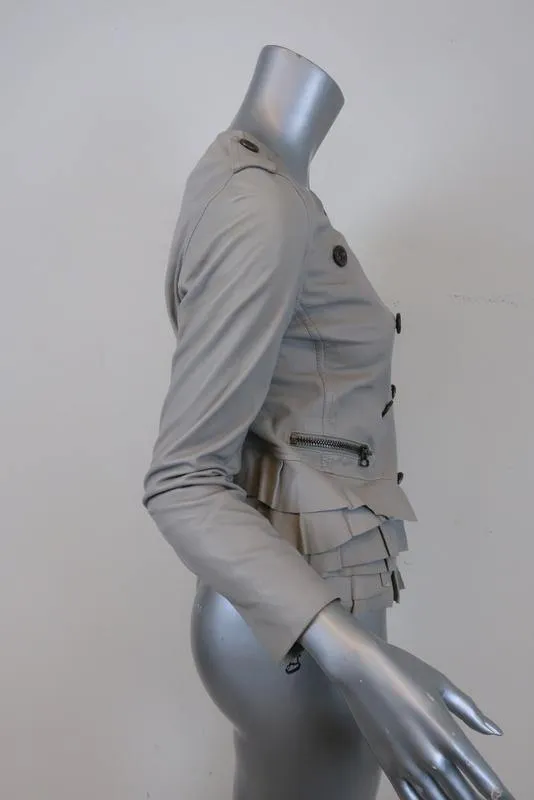 3.1 Phillip Lim Ruffle Leather Jacket Dove Gray Size 2 Double Breasted