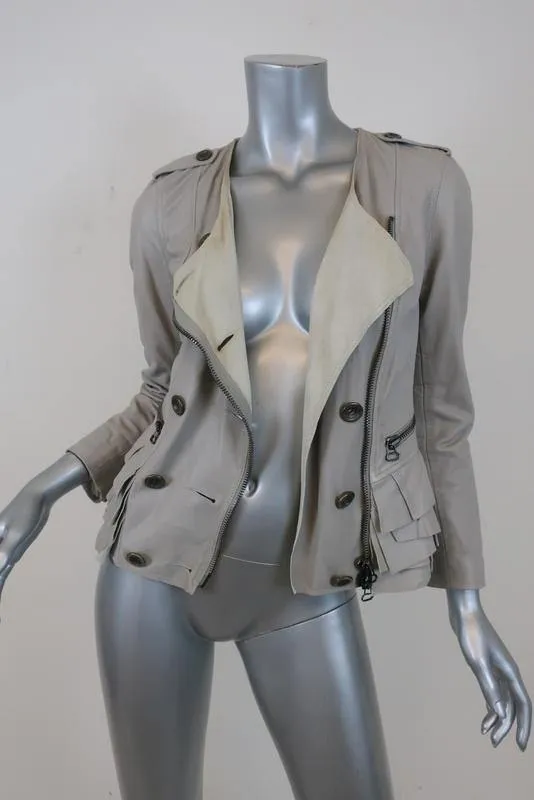 3.1 Phillip Lim Ruffle Leather Jacket Dove Gray Size 2 Double Breasted