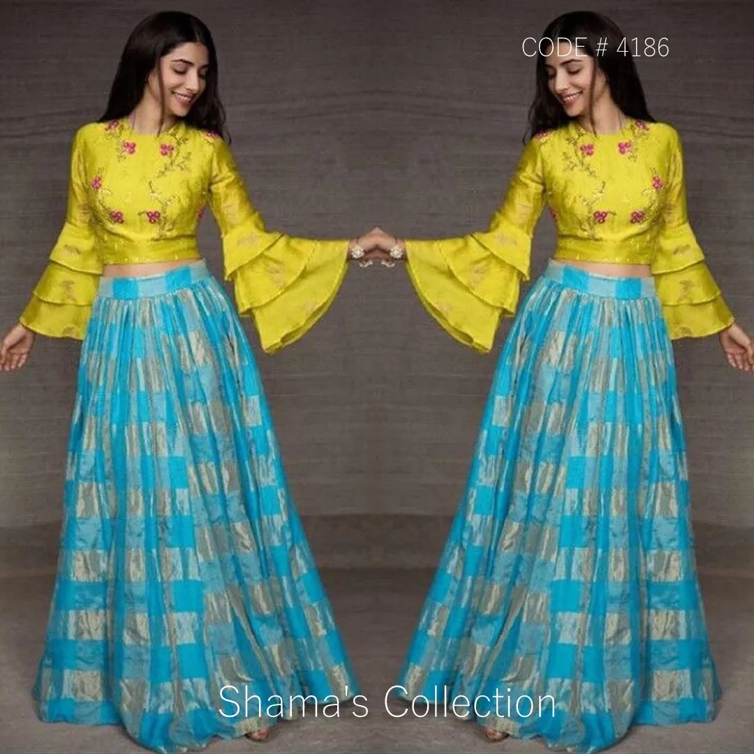 4186 Blue Yellow Bell Sleeves Pleated Lengha outfit set