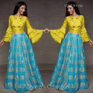 4186 Blue Yellow Bell Sleeves Pleated Lengha outfit set