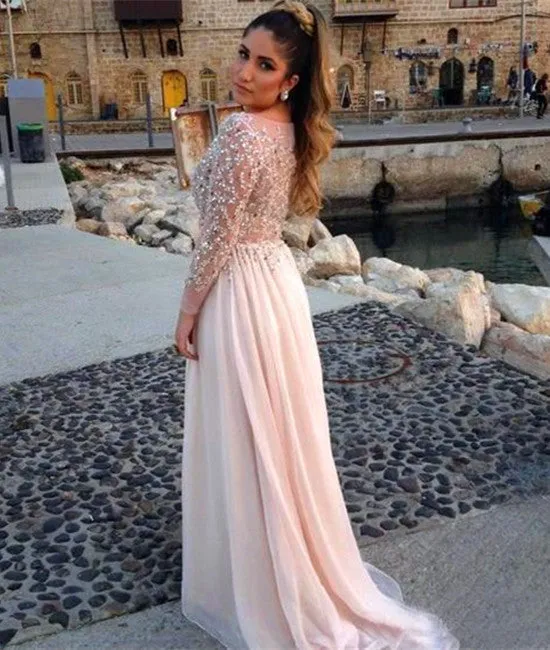 A Line Round Neck Long Sleeves Sequins Lace Prom Dresses, Round Neck Formal Dresses With Beadings