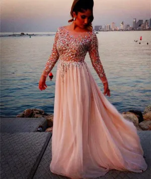A Line Round Neck Long Sleeves Sequins Lace Prom Dresses, Round Neck Formal Dresses With Beadings