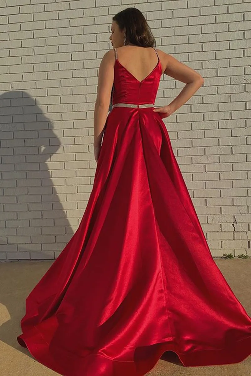 A Line V Neck Red Satin Long Prom Dress with Belt, V Neck Red Formal Graduation Evening Dress