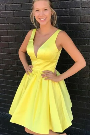 A Line V Neck Yellow Satin Short Prom Homecoming Dress, V Neck Yellow Formal Graduation Evening Dress A1655