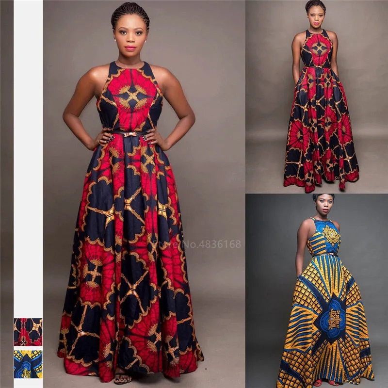 African Round Neck Sleeveless Dashiki Maxi Dress