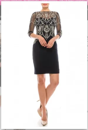 Aidan Mattox MD1E201081 Boat Neck 3/4 Sleeve Zipper Back Embellished Embroidered Mesh Crepe Dress