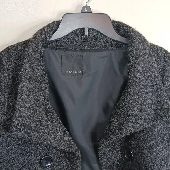Amisu Pea Coat Womens Large Gray Double Breasted Balloon Sleeve Cape Jacket