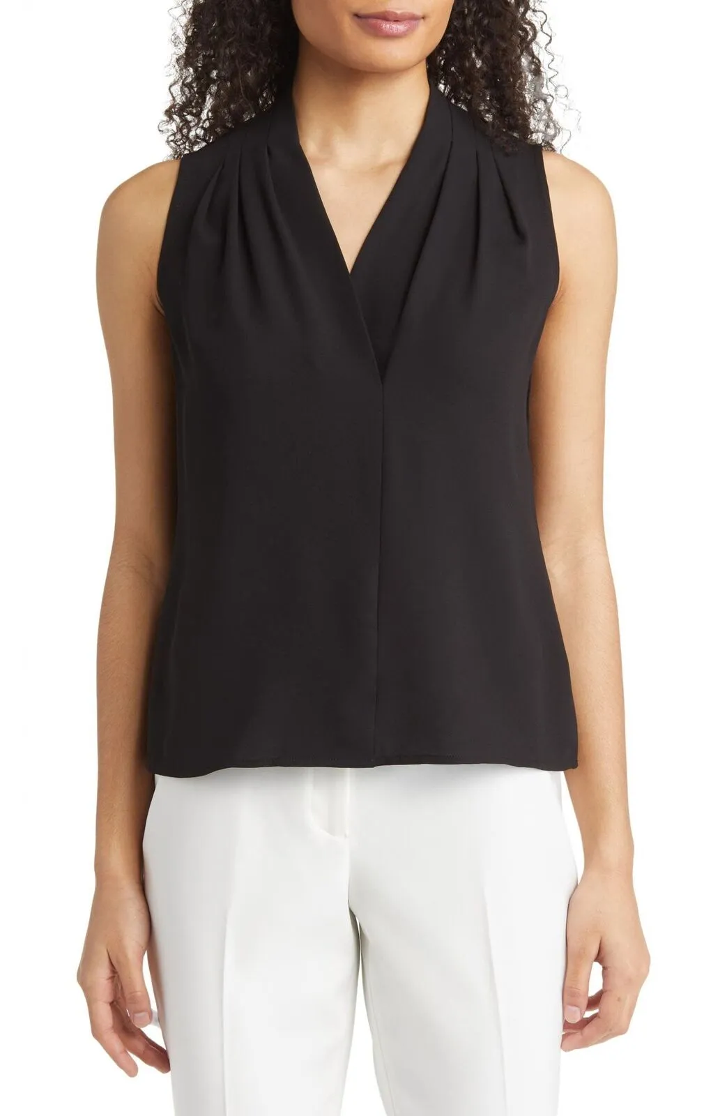 Anne Klein Women's Sleeveless Pleated Shoulder Blouse 10865131 Asphalt Black L