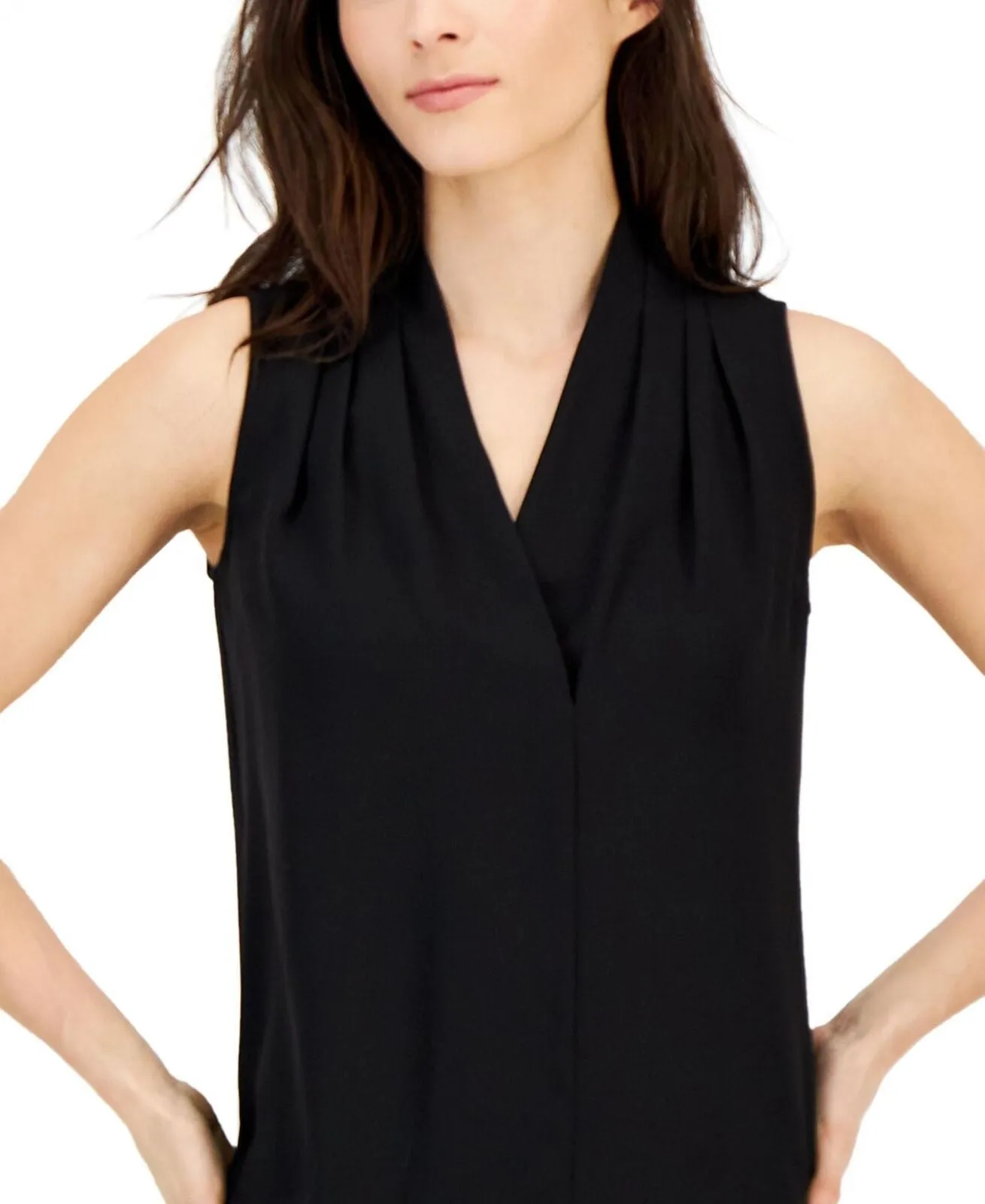 Anne Klein Women's Sleeveless Pleated Shoulder Blouse 10865131 Asphalt Black L