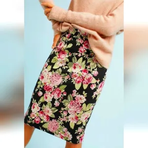 Anthropologie Maeve Stretch Knit Back Zip Pencil Skirt Floral Black Pink SzMed
