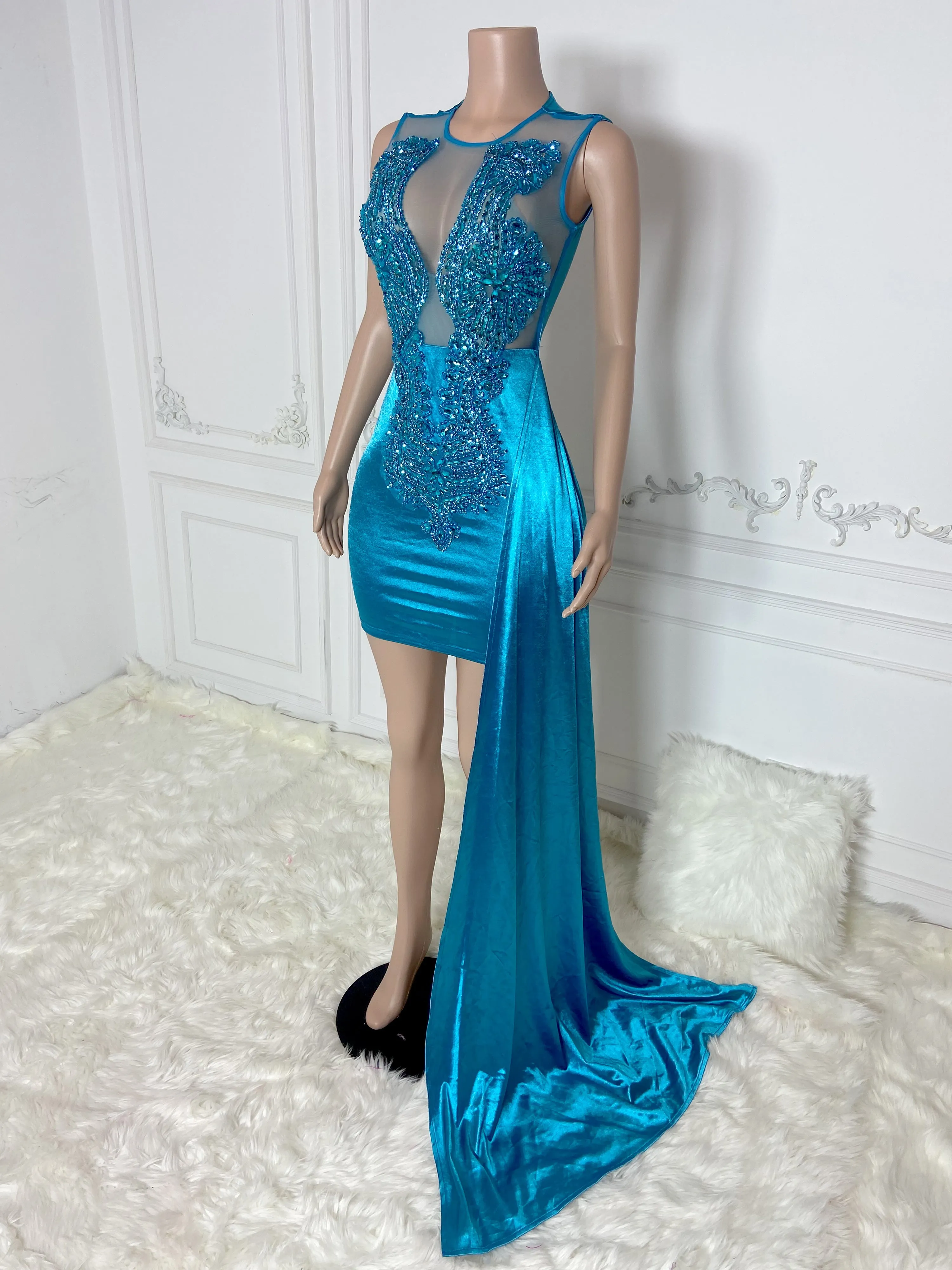 Aqua Round Neck Sleeveless with Drape Mini Dress