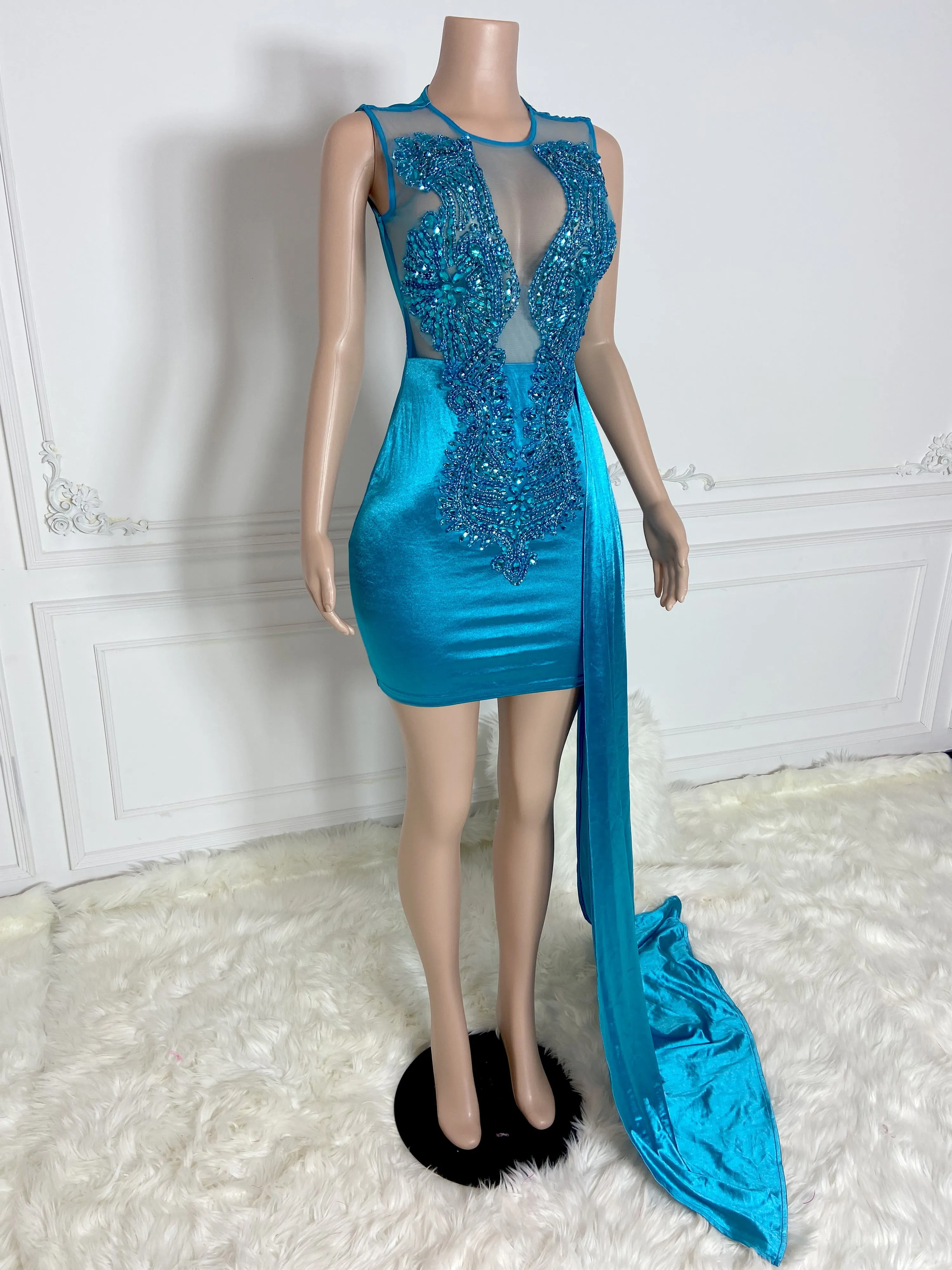 Aqua Round Neck Sleeveless with Drape Mini Dress