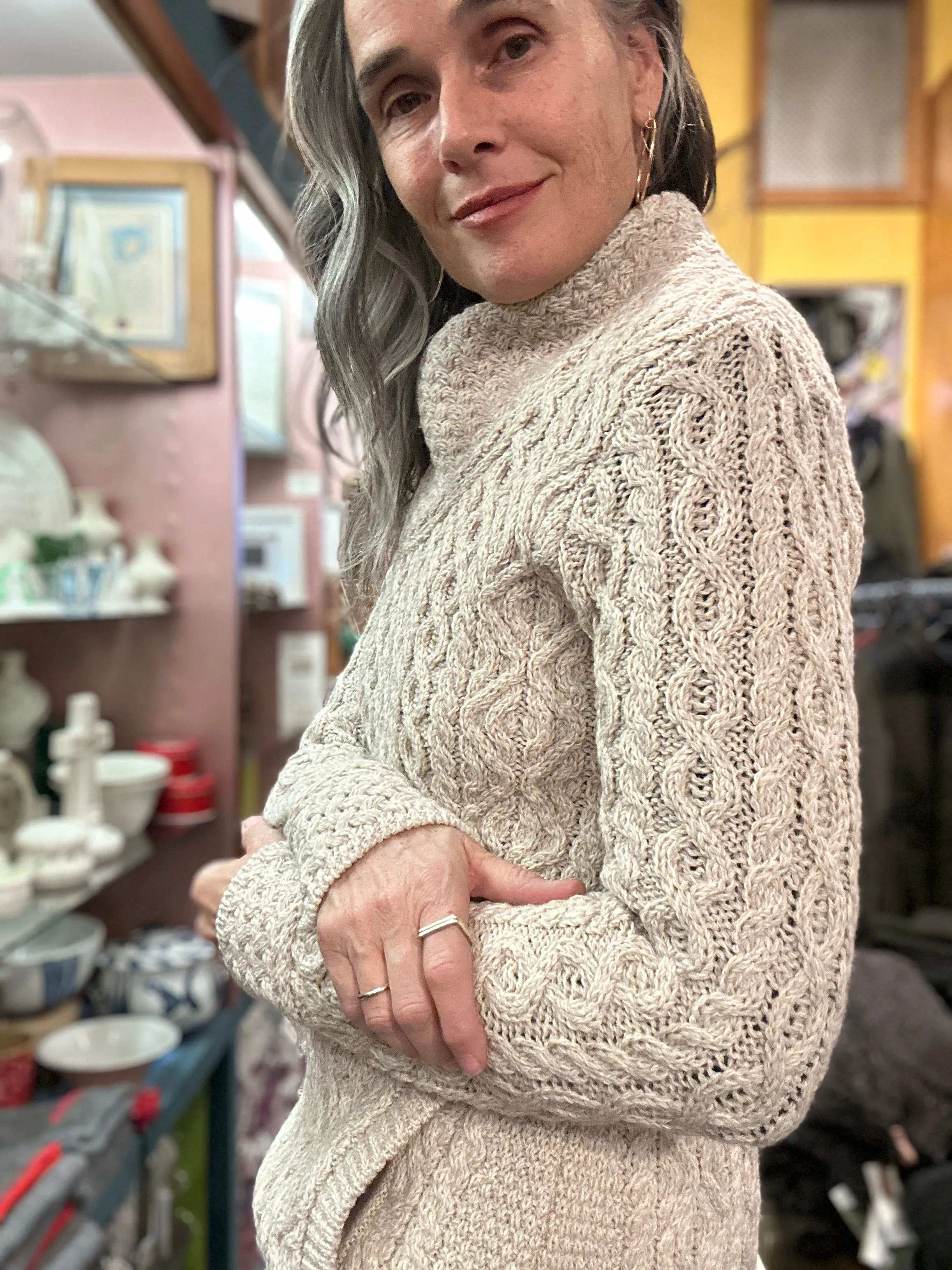 Aran Cable Knit Side Zip Short Coat Sweater Natural