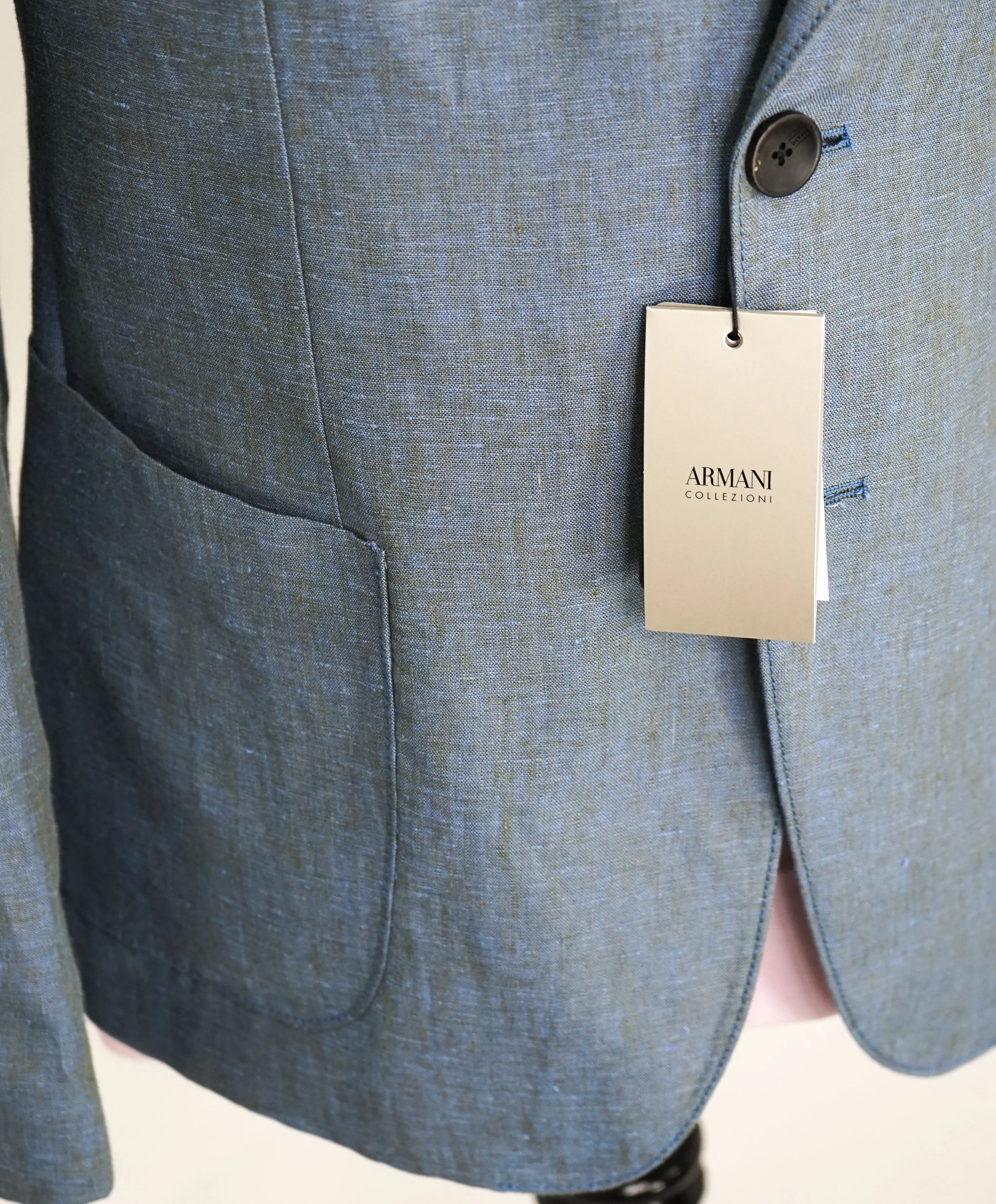 ARMANI COLLEZIONI -Medium Blue Melange Semi-Lined Linen Blazer - 36R