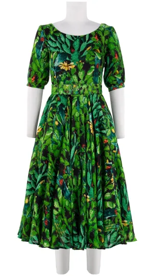 Aster Dress Boat Neck 1/2 Puff Sleeve Midi Length Linen (Cactus Paradise Bright)