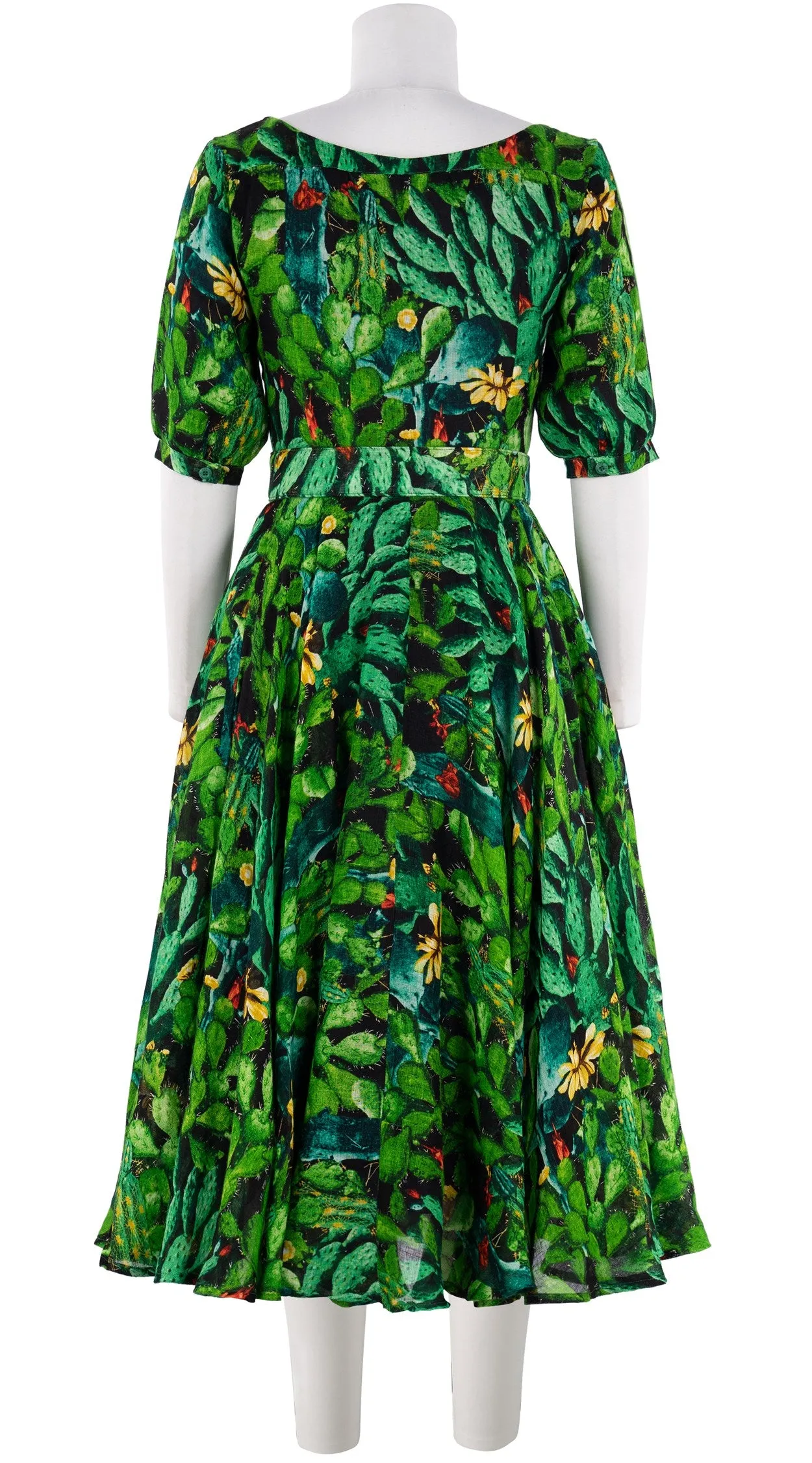 Aster Dress Boat Neck 1/2 Puff Sleeve Midi Length Linen (Cactus Paradise Bright)
