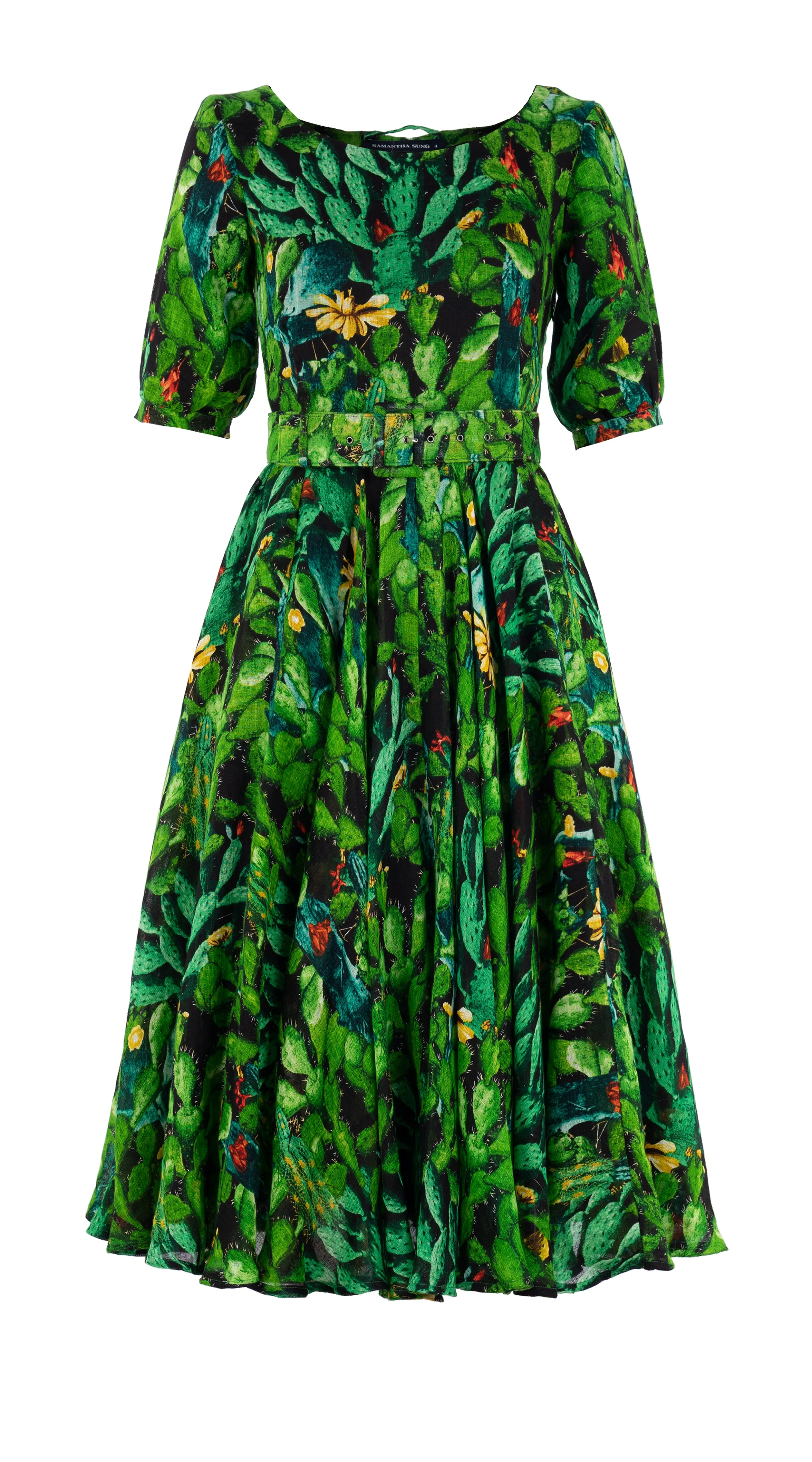 Aster Dress Boat Neck 1/2 Puff Sleeve Midi Length Linen (Cactus Paradise Bright)