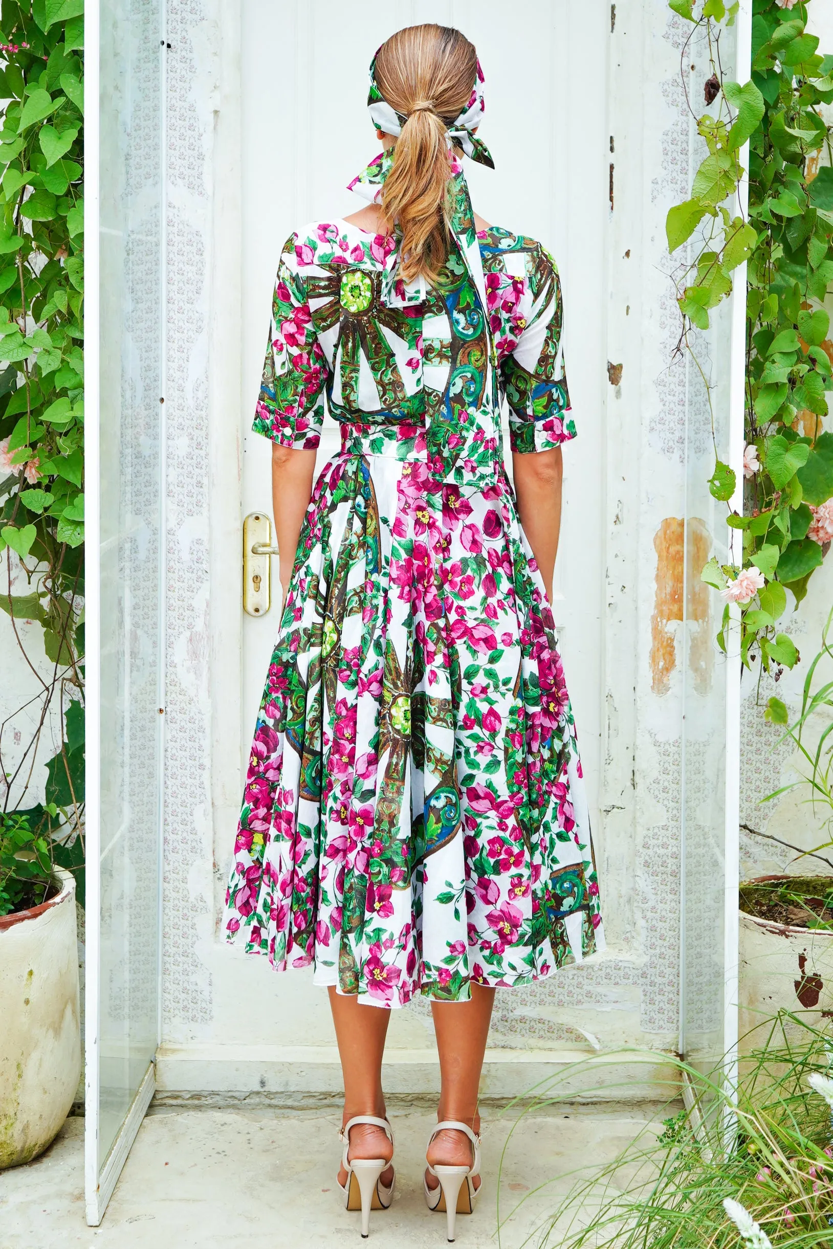 Aster Dress Boat Neck 1/2 Sleeve Midi Length Cotton Musola (Antique Wheel All Over)