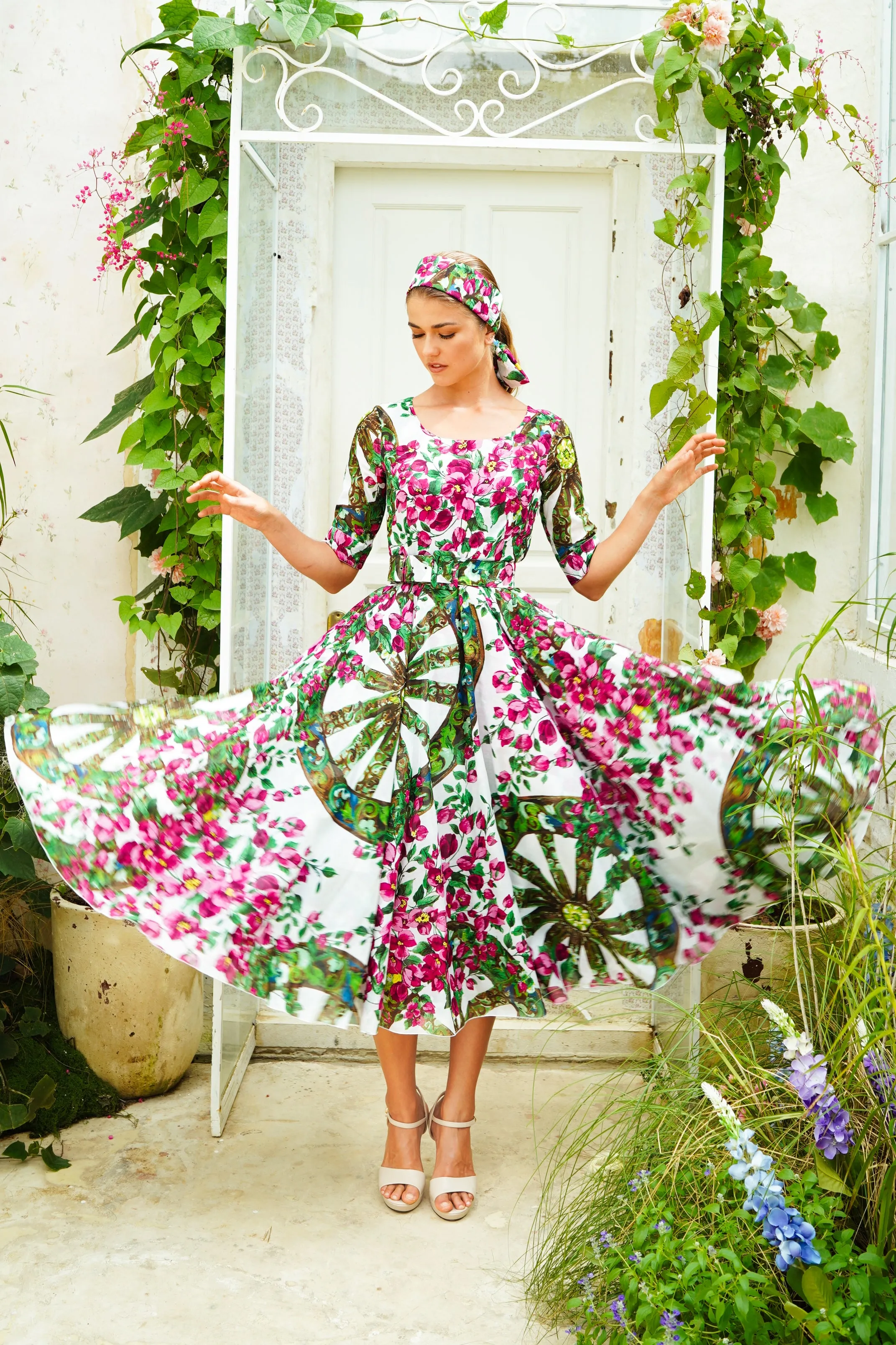 Aster Dress Boat Neck 1/2 Sleeve Midi Length Cotton Musola (Antique Wheel All Over)