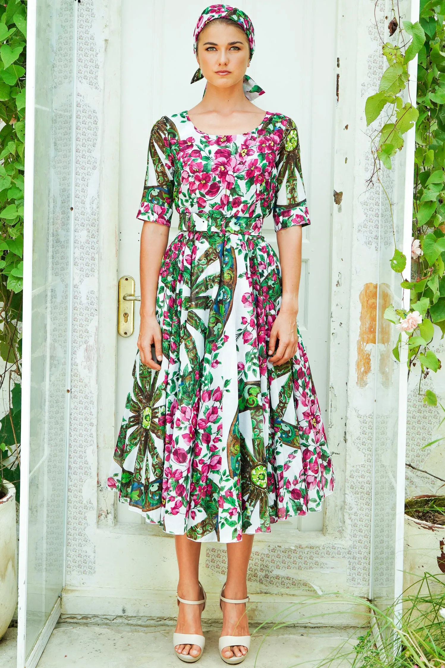 Aster Dress Boat Neck 1/2 Sleeve Midi Length Cotton Musola (Antique Wheel All Over)