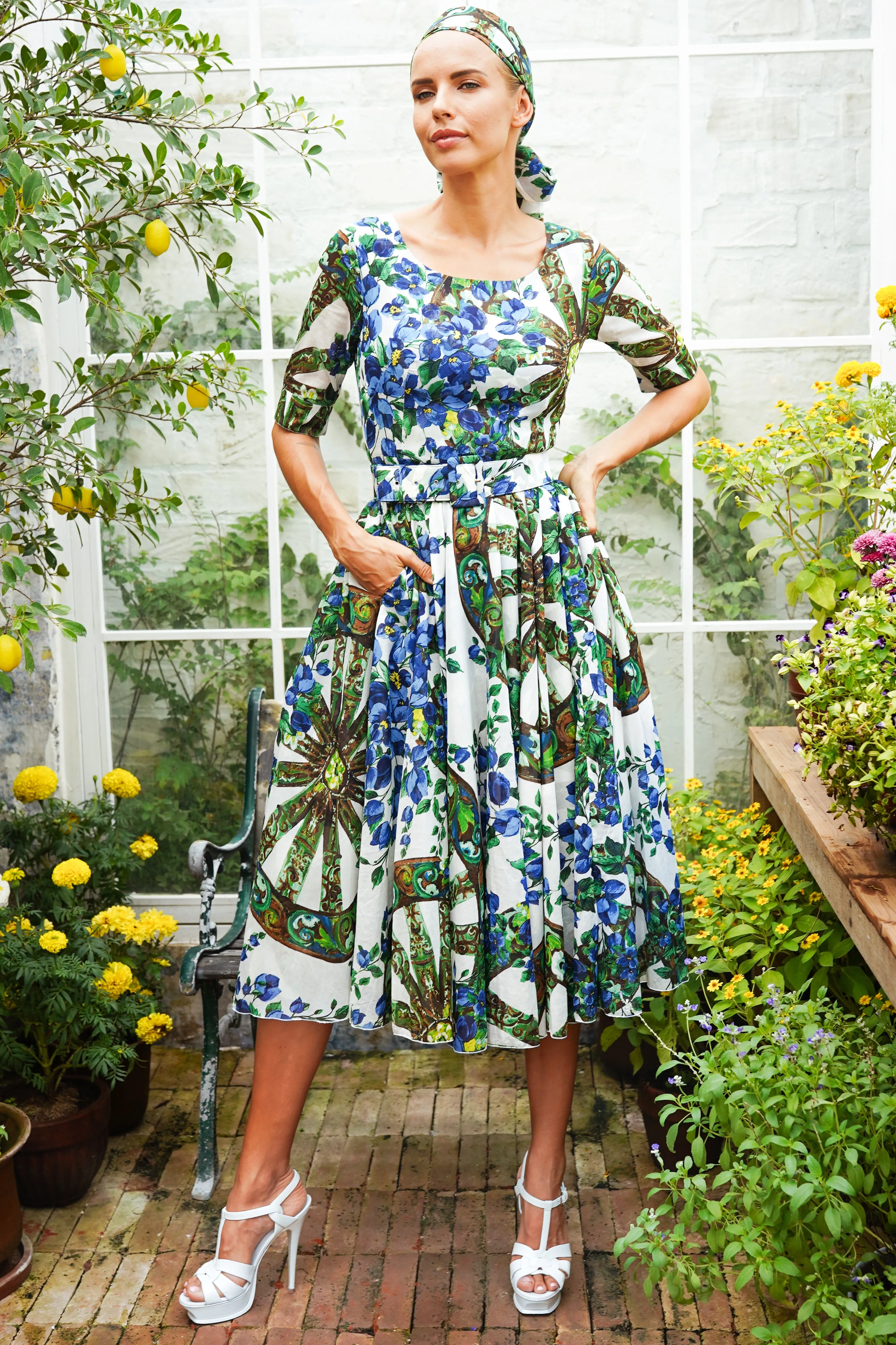 Aster Dress Boat Neck 1/2 Sleeve Midi Length Cotton Musola (Antique Wheel All Over)