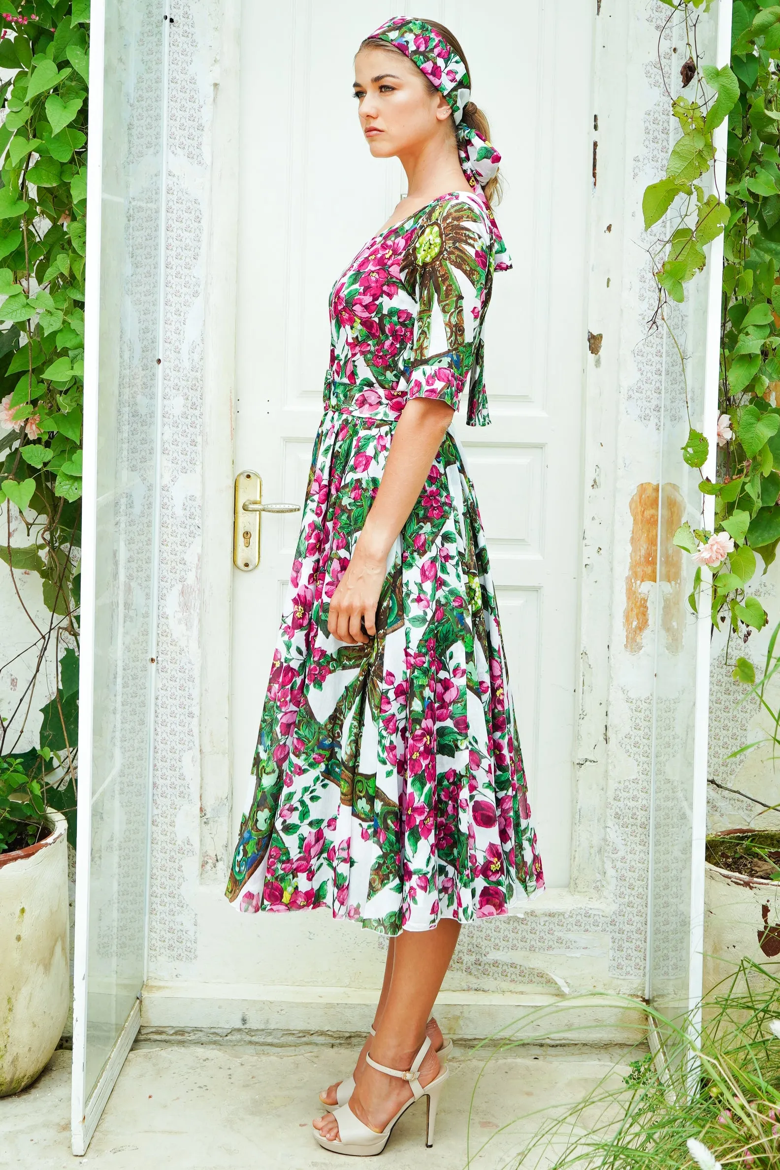 Aster Dress Boat Neck 1/2 Sleeve Midi Length Cotton Musola (Antique Wheel All Over)