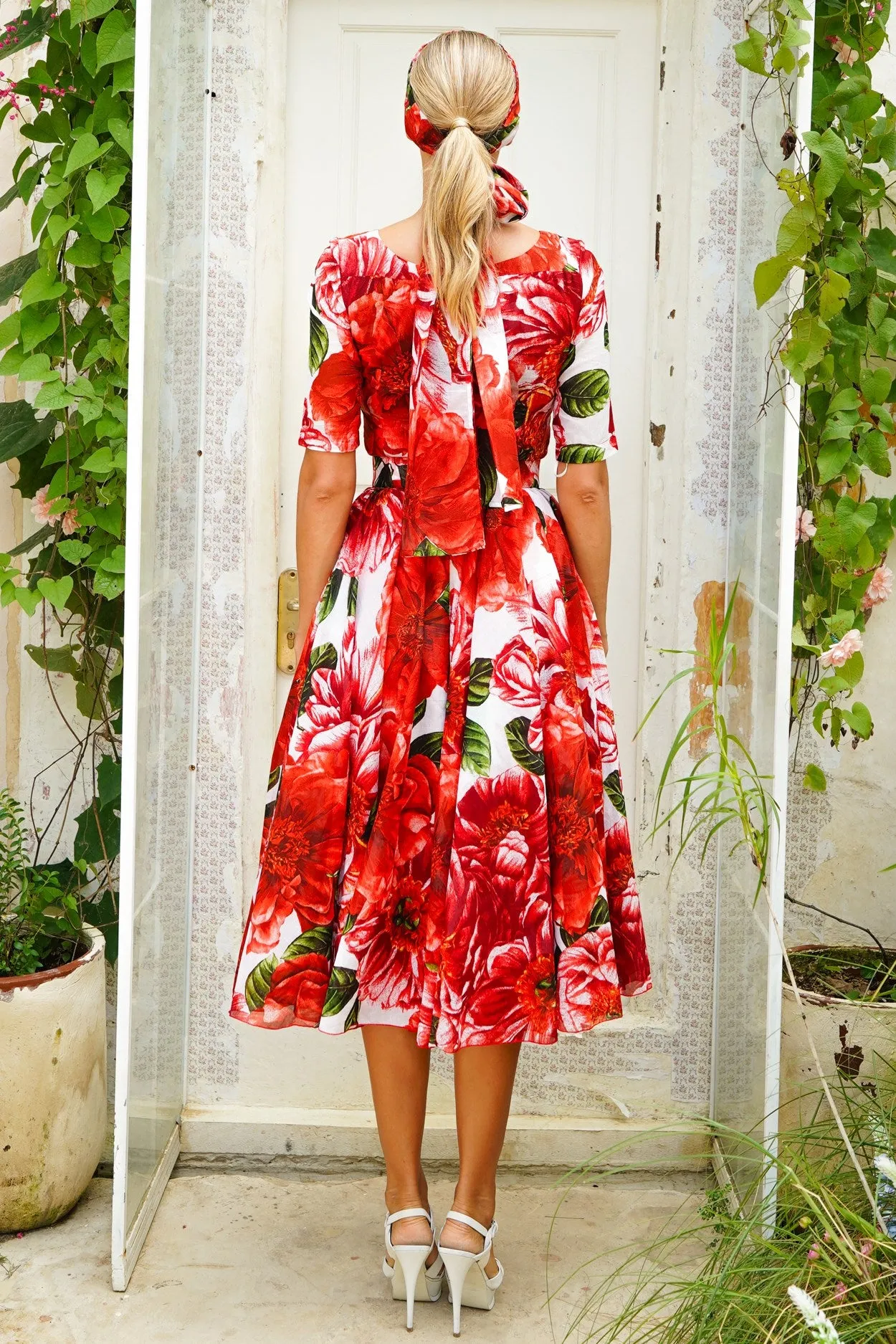 Aster Dress Boat Neck 1/2 Sleeve Midi Length Cotton Musola (Giant Poppy)