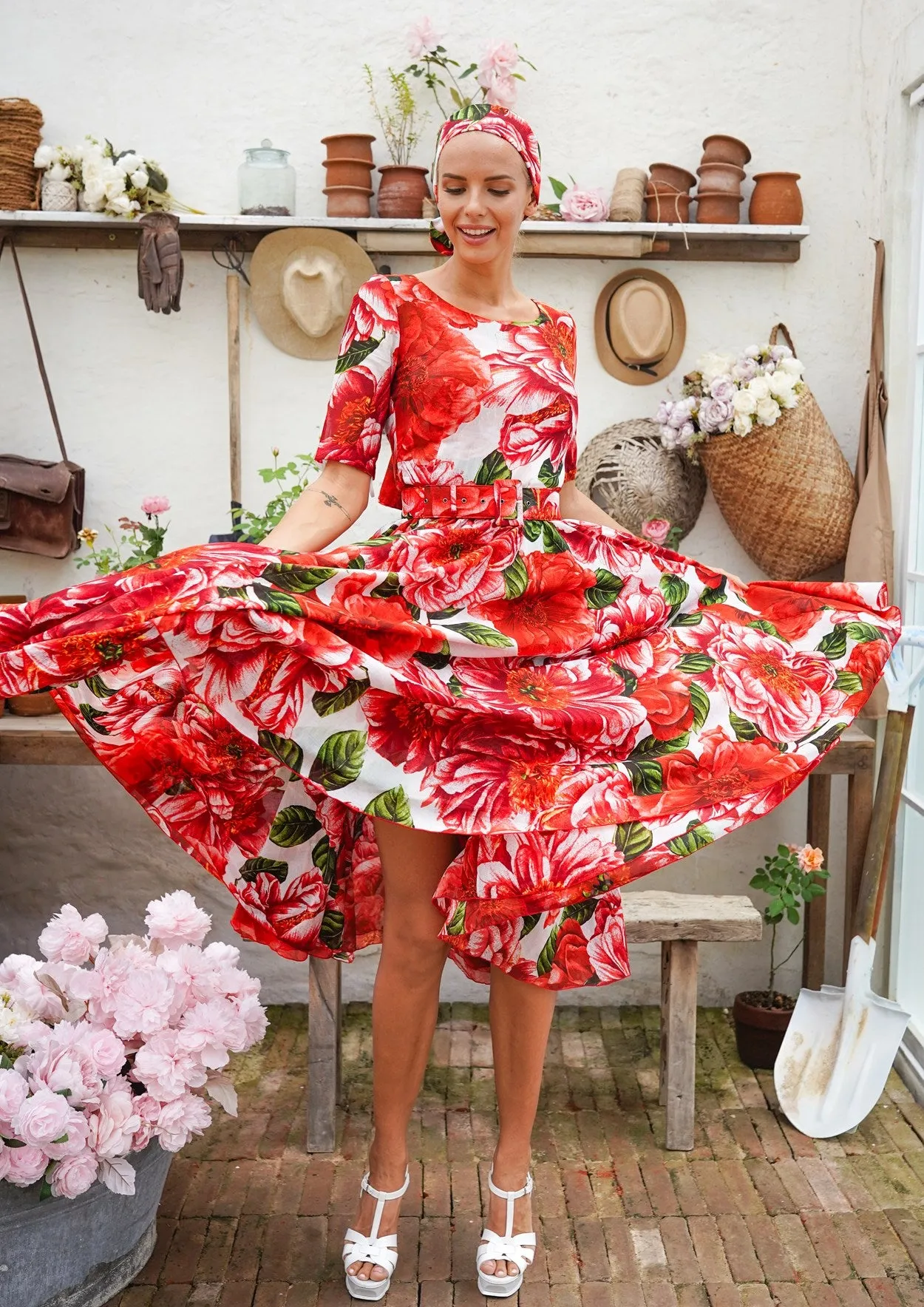 Aster Dress Boat Neck 1/2 Sleeve Midi Length Cotton Musola (Giant Poppy)