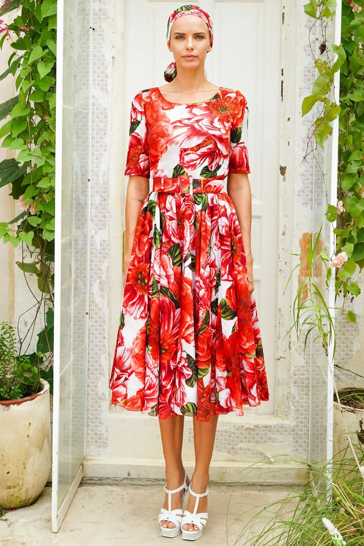 Aster Dress Boat Neck 1/2 Sleeve Midi Length Cotton Musola (Giant Poppy)